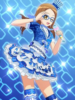1girl 3d adjusting_eyewear akai_meganee belly_chain blue-framed_eyewear blue_background blue_jacket blue_shirt brown_eyes brown_hair frills glasses hat highres holding holding_microphone jacket jewelry long_hair looking_at_viewer microphone mini_hat mini_top_hat official_art one_eye_closed open_mouth otudane pretty_series pripara shirt smile solo sparkle sparkling_aura top_hat