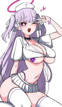 absurdres black_choker breasts choker cleavage condom condom_wrapper_in_clothes crop_top gyaru halo hat heart highres large_breasts long_hair microskirt navel nurse nurse_cap oha_(oha_h22) one_eye_closed original panties pink_halo purple_eyes purple_hair purple_panties school_uniform sharurune_(oha) sitting skindentation skirt thighhighs thong two_side_up underwear v v_over_eye very_long_hair wariza white_skirt white_thighhighs
