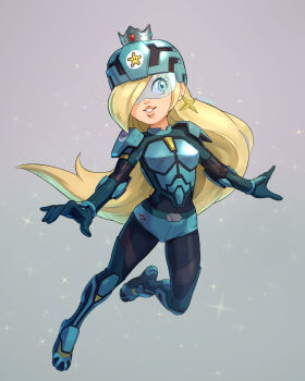 1girl armor blonde_hair blue_eyes bodysuit crown earrings gloves hair_over_one_eye helmet highres jewelry long_hair mario_(series) mario_strikers:_battle_league mario_strikers_(series) nintendo rosalina shoulder_armor smile solo star_(symbol) star_earrings stup-jam