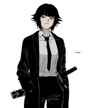 1girl absurdres artist_name black_hair black_pants bleach breasts closed_mouth female_focus hands_in_pockets highres jacket looking_at_viewer medium_hair necktie p_glansk pants simple_background small_breasts solo solo_focus standing sui-feng sword twitter_username weapon white_background