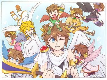 Rule 34 | > <, 6+boys, ahoge, alternate color, angel, angel wings, bike shorts, black wings, blonde hair, blue background, blue eyes, blush, bow (weapon), brown hair, collarbone, commentary request, holding, holding bow (weapon), holding weapon, kid icarus, kid icarus uprising, laurel crown, multiple boys, multiple persona, nintendo, one eye closed, palutena bow (kid icarus), pit (kid icarus), player 2, pulling another's clothes, red wings, star (symbol), super smash bros., weapon, wings, yui fightpaint
