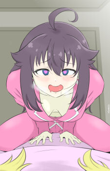 2girls absurdres ahoge artist_name blonde_hair blush breasts downblouse drooling extended_downblouse female_pervert female_pov garethue8 girl_on_top good_morning_my_brother_(meme) heart heart-shaped_pupils highres indoors koshi_anko_(shikanoko) koshi_torako leaning_forward long_hair medium_breasts meme multiple_girls navel no_bra open_mouth pervert pov pov_hair purple_hair saliva scene_reference shikanoko_nokonoko_koshitantan siblings sisters smile symbol-shaped_pupils tokidoki_bosotto_roshia-go_de_dereru_tonari_no_alya-san