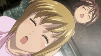 2boys androgynous animated animated_gif anime_screenshot anus ass blonde_hair boku_no_pico bottomless brown_hair chico_(boku_no_pico) cum cum_on_clothes ejaculation green_eyes highres lying_on_person pico_(boku_no_pico) shirt shota trap yaoi yellow_eyes