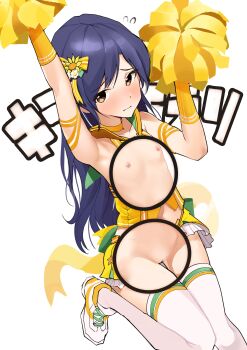 1girl absurdres armband armpits arms_up bad_link blue_hair brown_eyes ch2haya_p cheerleader choker closed_mouth flat_chest flower frown gloves hair_flower hair_ornament hair_ribbon highres idolmaster idolmaster_(classic) idolmaster_million_live! idolmaster_million_live!_theater_days kisaragi_chihaya leg_up light_blush long_hair midriff navel nipples pom_pom_(cheerleading) pussy revealing_layer ribbon shoes simple_background skirt sleeveless sneakers solo thighhighs white_background white_flower white_shoes white_thighhighs yellow_armband yellow_choker yellow_flower yellow_gloves yellow_ribbon yellow_skirt