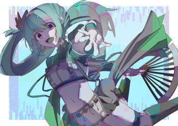 1girl aqua_hair colored_skin crop_top dutch_angle earrings gauntlets glitch hair_ornament hand_fan jewelry kyoppogi long_hair looking_at_viewer magia_record:_mahou_shoujo_madoka_magica_gaiden mahou_shoujo_madoka_magica miniskirt navel open_mouth pink_eyes short_sleeves side_ponytail skirt smile solo uwasa_no_tsuruno white_skin wide_sleeves yui_tsuruno