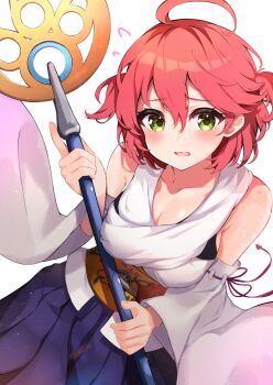 1girl ahoge black_bra bra breasts cleavage cosplay detached_sleeves final_fantasy final_fantasy_x green_eyes highres hololive pink_hair sakura_miko skirt staff takumin_dx underwear virtual_youtuber virus white_background yuna_(ff10) yuna_(ff10)_(cosplay)