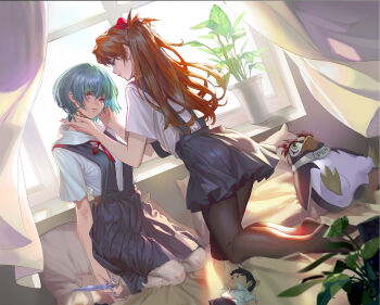 2girls absurdres ayanami_rei backlighting bed bedroom black_pantyhose blue_eyes blue_hair blue_skirt brown_hair character_doll character_name chinese_commentary closed_mouth commentary_request curtains doll dutch_angle eewing expressionless flower_pot full_body hairpods hands_up head_tilt highres holding holding_scissors ikari_shinji indoors interface_headset_(evangelion) kneeling long_hair looking_at_another looking_at_viewer multiple_girls neon_genesis_evangelion no_shoes on_bed pantyhose parted_lips penpen pillow pink_eyes plant potted_plant red_ribbon redrawn ribbon school_uniform scissors shirt short_hair short_sleeves skirt smile souryuu_asuka_langley stuffed_animal stuffed_penguin stuffed_toy stuffing suspender_skirt suspenders tokyo-3_middle_school_uniform torn_stuffed_toy white_shirt window yuri