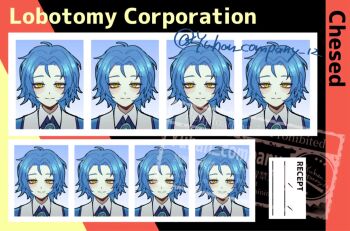 Rule 34 | 1boy, ascot, bags under eyes, blue ascot, blue coat, blue hair, chesed (project moon), closed mouth, coat, collared shirt, commentary request, highres, lobotomy corporation, looking at viewer, male focus, multiple views, portrait, project moon, shirt, smile, white shirt, yellow eyes, yuhan company12