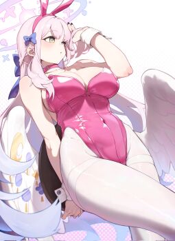 1girl angel_wings animal_ear_hairband animal_ears bare_shoulders black_nails blue_archive blush bow breasts choker collarbone commentary covered_navel crescent english_commentary fake_animal_ears feathered_wings fingernails hair_bow hairband halo highres hip_bones holding holding_tray ilyowal large_breasts leotard long_hair looking_to_the_side low_wings mika_(blue_archive) nail_polish pantyhose pink_choker pink_hair pink_hairband pink_halo pink_leotard polka_dot polka_dot_background purple_bow rabbit_ear_hairband rabbit_ears solo strapless strapless_leotard thighs tray white_background white_pantyhose white_wings white_wrist_cuffs wings wrist_cuffs yellow_eyes