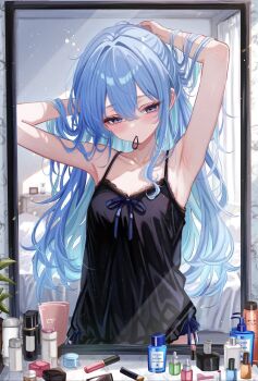 1girl arm_behind_head armpits arms_up bare_arms bedroom black_camisole blue_eyes blue_hair camisole colored_inner_hair commentary_request cosmetics double-parted_bangs flat_chest hair_between_eyes hair_tie_in_mouth highres hololive hoshimachi_suisei indoors lace-trimmed_camisole lace_trim lipstick_tube looking_at_viewer messy_hair mirror morning mouth_hold multicolored_hair reflection reflection_focus sa-ya2 sidelocks solo virtual_youtuber