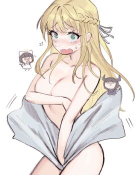 2girls @_@ asakura_karen_(heaven_burns_red) blonde_hair braid breasts cleavage embarrassed green_eyes half_up_braid heaven_burns_red highres large_breasts long_hair looking_at_viewer multiple_girls naked_towel ribbon solo_focus su_taff toujou_tsukasa towel towel_pull white_ribbon