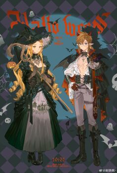 1boy 1girl absurdres bare_pectorals bat_(animal) black_corset black_dress blonde_hair blue_eyes boots breasts brown_hair cape cleavage collar commentary corset dated demon_horns demon_tail demon_wings detached_collar dress drill_hair english_commentary english_text frilled_collar frilled_dress frilled_hat frills gloves green_eyes hair_between_eyes halloween halloween_costume hat highres holding holding_staff horns jack-o'-lantern juliet_sleeves knee_boots lace_collar lamblab0824 layered_dress linea_alba link long_sleeves looking_at_viewer mage_staff nintendo open_clothes open_shirt parted_bangs patchwork_skin pectorals pointy_ears princess_zelda puffy_sleeves red_gloves scar shirt sidelocks staff stitched_face stitched_torso stitches tail the_legend_of_zelda two-sided_cape two-sided_fabric vampire_costume watermark weibo_username weibo_watermark white_shirt wings wizard_hat