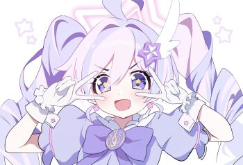 +_+ 1girl :d ahoge blue_archive bow bowtie commentary double_v drill_hair gloves hair_ornament halo highres long_hair looking_at_viewer magical_girl multicolored_hair official_alternate_costume open_mouth pineap000 pink_hair pink_halo puffy_sleeves purple_bow purple_bowtie purple_eyes purple_hair reisa_(blue_archive) reisa_(magical)_(blue_archive) short_sleeves simple_background smile solo star_(symbol) star_hair_ornament star_halo twin_drills twintails two-tone_hair upper_body v white_background white_gloves wing_hair_ornament