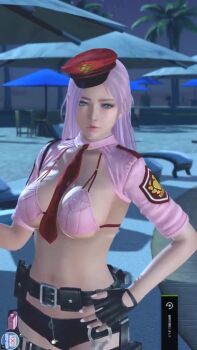 1girl 3d animated beach belt between_breasts bikini blue_eyes breasts cuffs dead_or_alive dead_or_alive_xtreme dead_or_alive_xtreme_venus_vacation elise_(doa) fingerless_gloves gloves gun hand_on_own_hip handcuffs handgun hat highres holstered long_hair looking_at_viewer micro_shorts necktie necktie_between_breasts night night_sky outdoors palm_tree pistol police police_uniform poolside shorts sky sound swimsuit tagme tree undressing utility_belt video weapon