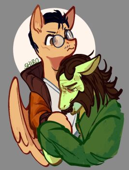 2boys black_hair bomber_jacket brown_eyes brown_hair closed_eyes commentary crying disco_elysium english_commentary facial_hair feathered_wings furrification furry glasses green_jacket harry_du_bois hug jacket kim_kitsuragi multiple_boys mustache_stubble mutton_chops narrowed_eyes orange_jacket pegasus pony_(animal) popped_collar shiroshark shirt short_hair stubble tears white_shirt wings