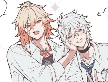 2boys alternate_costume antenna_hair black_choker black_shirt blonde_hair blue_eyes blue_necktie braid chain chain_necklace chest_tattoo choker chrysos_heirs_school_uniform collared_shirt commentary_request facial_tattoo gradient_hair hand_on_another's_face honkai:_star_rail honkai_(series) jewelry male_focus medium_hair multicolored_hair multiple_boys mydei_(honkai:_star_rail) necklace necktie parted_bangs phainon_(honkai:_star_rail) pushing_away red_hair red_tattoo school_uniform shirt short_hair side_braid striped_clothes striped_necktie tattoo title_mei white_hair white_shirt yellow_eyes