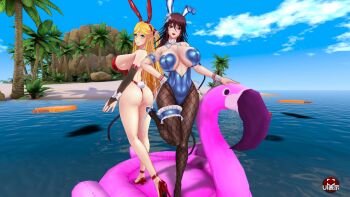 2girls 3d action_taimanin alternate_color alternate_costume animal_ears artist_request ass bare_legs black_leotard blonde_hair blue_sky blush breasts cleavage curvy detached_collar fake_animal_ears fake_tail highleg highleg_leotard highres huge_ass huge_breasts kosaka_shizuru leotard lilith-soft looking_at_viewer mizuki_shiranui multiple_girls ocean official_alternate_costume pantyhose playboy_bunny rabbit_ears rabbit_tail red_leotard screencap sky smile tail taimanin_(series) taimanin_yukikaze thong_leotard twintails water wide_hips