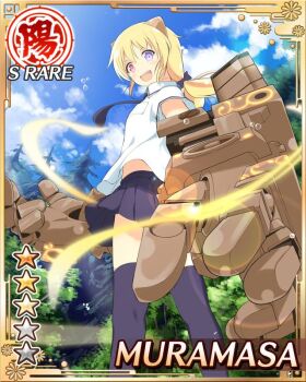 1girl :d android blonde_hair blue_necktie blue_skirt blue_thighhighs card_(medium) character_name doll_joints english_text flat_chest game_cg giant_fist hanzou_academy_school_uniform heterochromia horns joints looking_back looking_down low_twintails mechanical_horns medium_hair muramasa_(senran_kagura) necktie official_art open_mouth power_fist purple_eyes red_eyes school_uniform senran_kagura senran_kagura_new_wave shirt skirt smile solo thighhighs twintails white_shirt