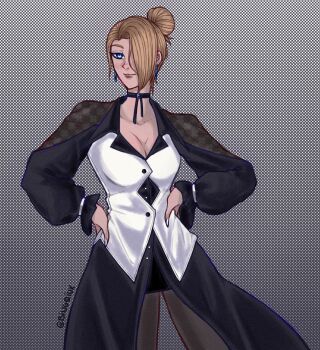 1girl bingqiux blonde_hair blue_eyes breasts dress female_focus huge_breasts large_breasts looking_at_viewer mature_(kof) pale_skin pantyhose see-through_clothes skirt smile smiley_face standing the_king_of_fighters thick_thighs thighhighs thighs wide_hips