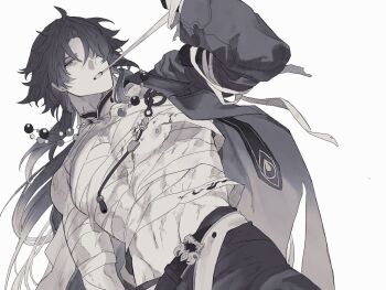 Rule 34 | 1boy, bandage in mouth, bandaged chest, bandages, bare pectorals, black coat, black hair, black pants, blade (honkai: star rail), clenched teeth, coat, grey background, grey eyes, groin, hair over one eye, hashtag-only commentary, highres, honkai: star rail, honkai (series), long hair, long sleeves, looking at viewer, male focus, mandarin collar, nipples, one eye covered, pants, pectorals, ramuniku ooo, simple background, solo, teeth, toned, toned male