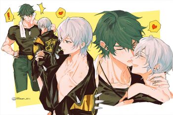 ! 2boys belt bite_mark black_shirt blush closed_eyes dog_tags green_eyes green_hair green_pants hand_on_another&#039;s_neck hand_on_own_hip heart highres jacket leather leather_jacket lighter_(zenless_zone_zero) looking_at_another multiple_boys muscular muscular_male open_mouth pants scar scar_on_arm shirt shoulder_spikes smile spiked_jacket spikes towel undressing_another unowen_0111 wise_(zenless_zone_zero) yaoi yellow_background zenless_zone_zero