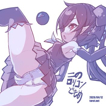 1girl armpits ass backbeako_(torotei) backbeard bare_shoulders black_dress black_gloves black_hair black_ribbon black_thighhighs blush breasts cameltoe commentary crotch_seam dated dated_commentary dress elbow_gloves gegege_no_kitarou gloves hair_over_one_eye hair_ribbon knee_up kono_lolicon_domome long_hair looking_at_viewer neckerchief open_mouth original paid_reward_available panties pleated_dress pointy_ears red_eyes ribbon simple_background sleeveless sleeveless_dress small_breasts solo thighhighs torotei translated twintails underwear upskirt very_long_hair watermark web_address white_background white_neckerchief white_panties wide_hips