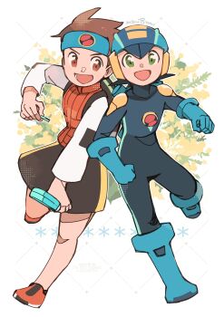 2boys absurdres black_shorts blue_bodysuit blue_headband blue_helmet bodysuit brothers brown_eyes brown_hair full_body green_eyes headband helmet highres lan_hikari_(mega_man) male_focus mega_man_(series) mega_man_battle_network_(series) megaman.exe multiple_boys netnavi orange_vest shirt shorts siblings twins vest white_shirt yukikokoro