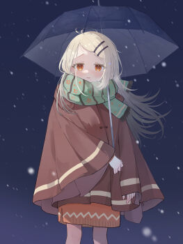 Rule 34 | 1girl, absurdres, blonde hair, breath, brown poncho, colored eyelashes, commentary request, earrings, enpera, feet out of frame, floating hair, gakuen idolmaster, green scarf, highres, holding, holding umbrella, idolmaster, jewelry, long hair, looking at viewer, orange eyes, outdoors, poncho, scarf, shinosawa hiro, snowing, solo, stud earrings, transparent, transparent umbrella, umbrella, yuuneka