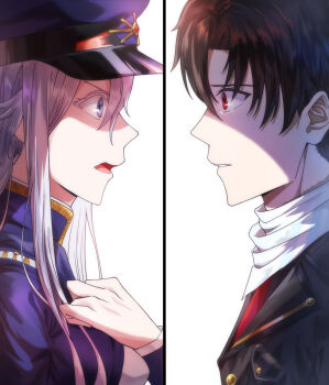 Rule 34 | 1boy, 1girl, 86 -eightysix-, bandana, black hair, blue eyes, blue hat, breasts, closed mouth, collared jacket, commentary request, crying, gold buttons, grey eyes, grey hair, hair between eyes, hand on own chest, hat, highres, jacket, long hair, long sleeves, military, military uniform, necktie, red eyes, red necktie, scar, scar on neck, shinei nouzen, shirt, short hair, shoulder pads, tearing up, tears, vaninill, very long hair, vladilena millize, white background, white bandana, white hair