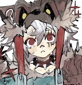 1boy :&lt; ? brown_choker brown_hat chamopichamo choker gachiakuta hat highres male_focus messy_hair parted_bangs red_eyes rudo_surebrec simple_background solo sparkle spiked_choker spikes white_background white_hair wide-eyed wolf_hat