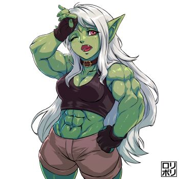 abs black_choker breasts choker cleavage colored_skin female_goblin fingerless_gloves gloves goblin green_skin highres jamrolypoly large_ears long_hair long_pointy_ears midriff monster_girl muscular muscular_female original pointy_ears red_eyes shorts shortstack sweat white_background