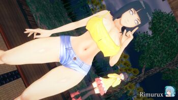 2girls boruto:_naruto_next_generations breasts cleavage denim himawari hinata hyuuga_hinata index_finger_raised large_breasts legs long_hair looking_at_viewer midriff multiple_girls naruto_(series) naruto_shippuuden navel purple_eyes purple_hair rimurux smile tank_top thighs toned