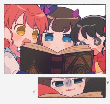 +_+ 3girls :d black_hair blue_eyes book bow bowtie brown_hair commentary_request furrowed_brow gaaruru_(pripara) highres holding holding_book horns korean_commentary kurosu_aroma long_hair multiple_girls multiple_views open_book open_mouth pretty_series pripara purple_horns reading red_bow red_bowtie red_hair shiratama_mikan smile sururufu turn_pale upper_body yellow_eyes