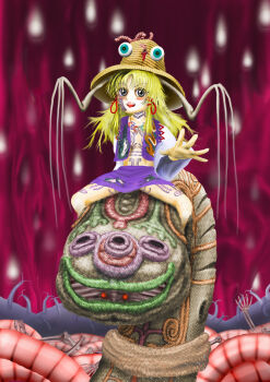 1girl animal_print blonde_hair blush_stickers chest_tattoo commentary_request facial_tattoo frog_print green_eyes grey_hair hair_ribbon hat highres jewelry kams leg_tattoo looking_at_viewer magatama magatama_necklace miniskirt moriya_suwako neck_tattoo necklace open_hand outstretched_arm pubic_tattoo purple_skirt purple_vest pyonta red_lips red_ribbon ribbon sitting skeleton skirt snake spread_legs straw_hat tattoo touhou tribal_tattoo vest wide_sleeves