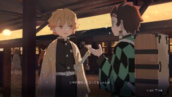 2boys 4others agatsuma_zenitsu black_shirt blonde_hair brown_hair button_prompt checkered_haori demon_slayer_uniform earrings frown haori japanese_clothes jewelry kamado_tanjirou katana kimetsu_no_yaiba multiple_boys multiple_others samidare_(hoshi) sekiro:_shadows_die_twice shirt sparkle subtitled sword train translation_request triangle_print user_interface weapon wooden_box yellow_haori