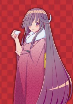 Rule 34 | 1girl, black hair, blush stickers, checkered background, choko (cup), commentary request, cup, fur-trimmed kimono, fur trim, hair over one eye, hair ribbon, hayashimo (kancolle), japanese clothes, kantai collection, kimono, long hair, looking at viewer, red background, red eyes, red kimono, ribbon, solo, syouuo, very long hair