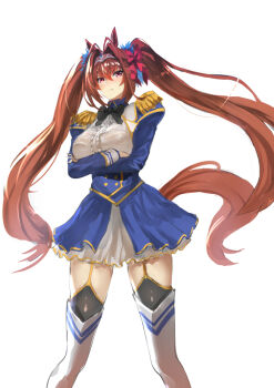 1girl aiguillette animal_ears black_bow black_bowtie black_thighhighs blue_jacket blue_skirt blush bow bowtie breasts brown_hair center_frills closed_mouth commentary_request crossed_arms daiwa_scarlet_(peak_blue)_(umamusume) daiwa_scarlet_(umamusume) epaulettes frills frown garter_straps hair_between_eyes hair_intakes horse_ears horse_girl horse_tail jacket jikihatiman juliet_sleeves large_breasts layered_legwear layered_skirt long_hair long_sleeves puffy_sleeves red_eyes shirt simple_background skirt solo tail thighhighs tiara twintails umamusume very_long_hair white_background white_shirt white_skirt white_thighhighs