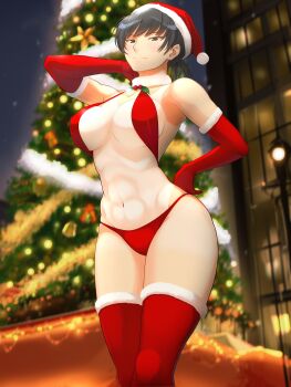 1girl abs alternate_costume amagami arm_behind_back bare_shoulders bikini black_eyes black_hair breasts building christmas christmas_lights christmas_tree closed_mouth commentary_request elbow_gloves feet_out_of_frame fur-trimmed_gloves fur-trimmed_headwear fur-trimmed_thighhighs fur_collar fur_trim gloves hanaguma hand_up hat highres large_breasts looking_at_viewer navel night one-piece_tan outdoors ponytail red_bikini red_gloves red_hat red_thighhighs santa_bikini santa_costume santa_hat sling_bikini_top standing swimsuit tan tanline thick_thighs thighhighs thighs tsukahara_hibiki window