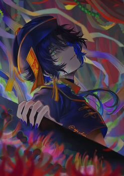 1boy abstract_background aji_chii alternate_hair_length alternate_hairstyle asaba_harumasa beads black_choker black_hair blue_eyes blurry blurry_foreground chinese_clothes choker commentary earrings english_commentary fingernails flower from_side hair_between_eyes halloween_costume hat highres jewelry jiangshi jiangshi_costume long_fingernails long_hair looking_at_viewer male_focus ofuda ofuda_on_head open_mouth purple_nails qingdai_guanmao solo spider_lily tassel tassel_earrings twitter_username zenless_zone_zero