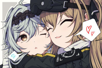 2girls absurdres black_jacket brown_eyes brown_hair cheek-to-cheek closed_eyes commentary g11_(girls'_frontline) girls'_frontline girls'_frontline_2:_exilium grey_background grey_hair head-mounted_display heads_together highres hug jacket kakuzatou_(cubesugar03196) lenna_(girls'_frontline_2) long_sleeves mechty_(girls'_frontline_2) multiple_girls one_eye_closed parted_lips simple_background spoken_sweatdrop sweatdrop ump9_(girls'_frontline)