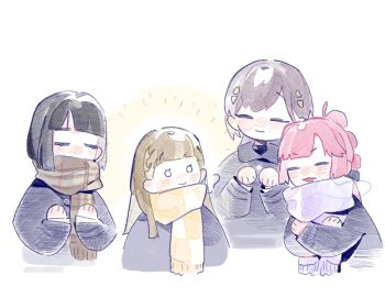 Rule 34 | 4girls, ahoge, anyoji hime, black coat, black hair, black ribbon, blunt bangs, blunt ends, blush, bob cut, brown scarf, closed eyes, closed mouth, coat, commentary, hair ornament, hair ribbon, hasu no shoushihenkei, hasu no sora school uniform, highres, jellyfish cut, kachimachi kosuzu, katsuragi izumi, link! like! love live!, long sleeves, love live!, momose ginko, multi-tied hair, multiple girls, o o, pink hair, pipi (m1x mix), plaid clothes, plaid scarf, ponytail, purple scarf, ribbon, scarf, school uniform, short hair, simple background, smile, symbol-only commentary, triangle hair ornament, turtleneck, virtual youtuber, white background, winter clothes, winter coat, winter uniform, yellow scarf