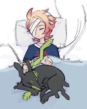 1boy ahoge bandage_over_one_eye blonde_hair blue_shirt closed_eyes closed_mouth from_above gen_6_pokemon hashtag-only_commentary head_on_pillow legendary_pokemon lying male_focus nintendo on_back pillow pokemon pokemon_(creature) pokemon_legends:_z-a shirt short_sleeves sleeping t-shirt urbain_(pokemon) xlii_idk zygarde zygarde_(10)