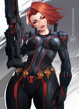1girl black_bodysuit black_widow bodysuit breasts closed_eyes commentary english_commentary freckles gun highres holding holding_gun holding_weapon marvel marvel_rivals medium_breasts natasha_romanoff parted_lips red_hair solo suddakka superhero_costume watermark weapon web_address