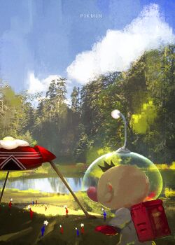 1boy backpack bad_tag bag big_nose blue_pikmin blue_sky brown_hair cloud commentary copyright_name day feet_out_of_frame from_behind gloves helmet lake male_focus mixed-language_commentary nintendo olimar onion_(pikmin) otsumami_(bu-bu-heaven) outdoors path pikmin_(creature) pikmin_(series) radio_antenna red_bag red_gloves red_pikmin road shade short_hair sky space_helmet spacesuit tree very_short_hair