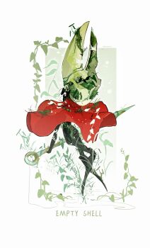 1girl arthropod_girl artist_name border chinese_commentary chromatic_aberration cloak commentary_request crack english_text film_grain full_body grey_background highres hightguy holding holding_weapon hollow_eyes hollow_knight hollow_knight:_silksong horned_mask hornet_(hollow_knight) leaf mask no_mouth outline outside_border plant red_cloak simple_background sitting sitting_on_weapon solo vines weapon white_border white_mask white_outline