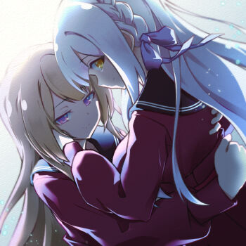 2girls assault_lily belt black_sailor_collar blonde_hair blunt_bangs breasts closed_mouth commentary_request digamma face-to-face grey_background grey_hair hand_on_another's_cheek hand_on_another's_face hand_up hands_up high-waist_skirt highres hug kanba_girls_high_school_uniform kon_kanaho light_particles long_sleeves looking_at_viewer looking_to_the_side medium_breasts miyagawa_takane multiple_girls profile purple_eyes red_belt red_shirt red_skirt sailor_collar school_uniform serafuku shirt sideways_glance skirt smile upper_body white_background yellow_eyes yuri