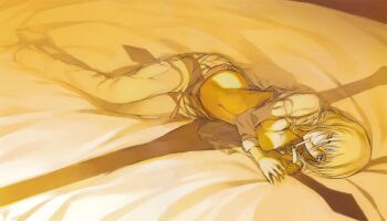1girl absurdres bed bed_sheet belt blonde_hair blue_eyes breasts brown_jacket brown_pants colorized covering_breasts covering_privates haimura_kiyotaka highres jacket large_breasts long_hair long_sleeves looking_at_viewer lying midriff navel no_bra novel_illustration official_art on_side open_clothes oriana_thomason pants seductive_gaze seductive_smile sexually_suggestive smile stomach teasing textless_version toaru_majutsu_no_index toaru_majutsu_no_index:_old_testament unbuttoned unbuttoned_pants