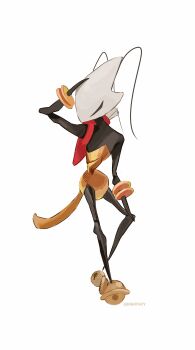 1girl absurdres antennae arm_up arthropod_girl artist_name bag bell ben-day_dots chinese_commentary commentary_request film_grain full_body hand_on_own_forehead hand_on_own_head highres hightguy hollow_knight hollow_knight:_silksong jingle_bell red_bag screentones scroll shakra_(hollow_knight) shoulder_bag simple_background solo standing white_background