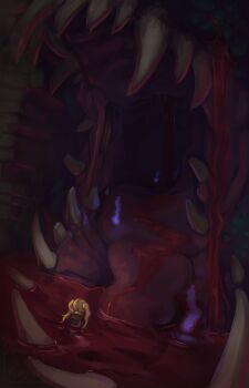 1girl backpack bag blonde_hair blood broken_jaw commentary dragon_quest dragon_quest_builders_2 english_commentary female_builder_(dqb2) from_behind guro highres monster octo-l95 open_mouth other_focus river_of_blood sharp_teeth sidoh teeth tongue twintails wading