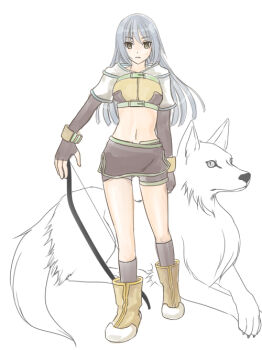 1girl boots bow_(weapon) breasts brown_boots brown_gloves brown_shirt brown_shorts brown_skirt brown_socks closed_mouth commentary_request crop_top cropped_jacket elbow_gloves expressionless fingerless_gloves full_body gloves grey_hair hiruankou holding holding_bow_(weapon) holding_weapon hunter_(ragnarok_online) jacket long_hair looking_at_viewer medium_breasts midriff miniskirt navel ragnarok_online shirt short_shorts shorts shorts_under_skirt simple_background skirt socks solo weapon white_background white_jacket wolf yellow_eyes